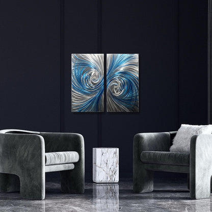 Blue Metal Wall Art: Handcrafted Modern Abstract Wall Sculpture (Set of 2)