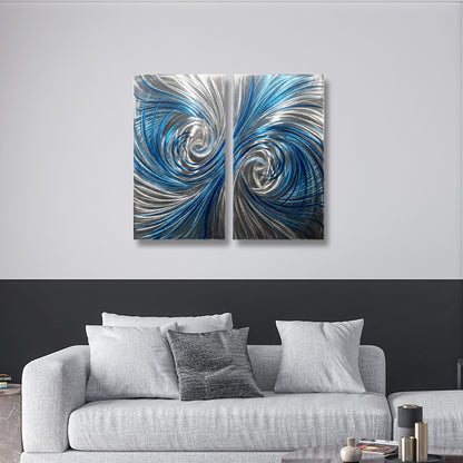 Blue Metal Wall Art: Handcrafted Modern Abstract Wall Sculpture (Set of 2)