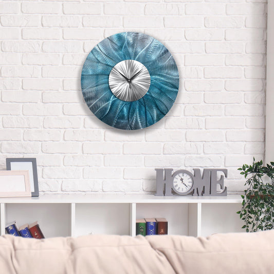 Blue Metal Wall Clock: Unique Abstract Wall Sculpture, 24"