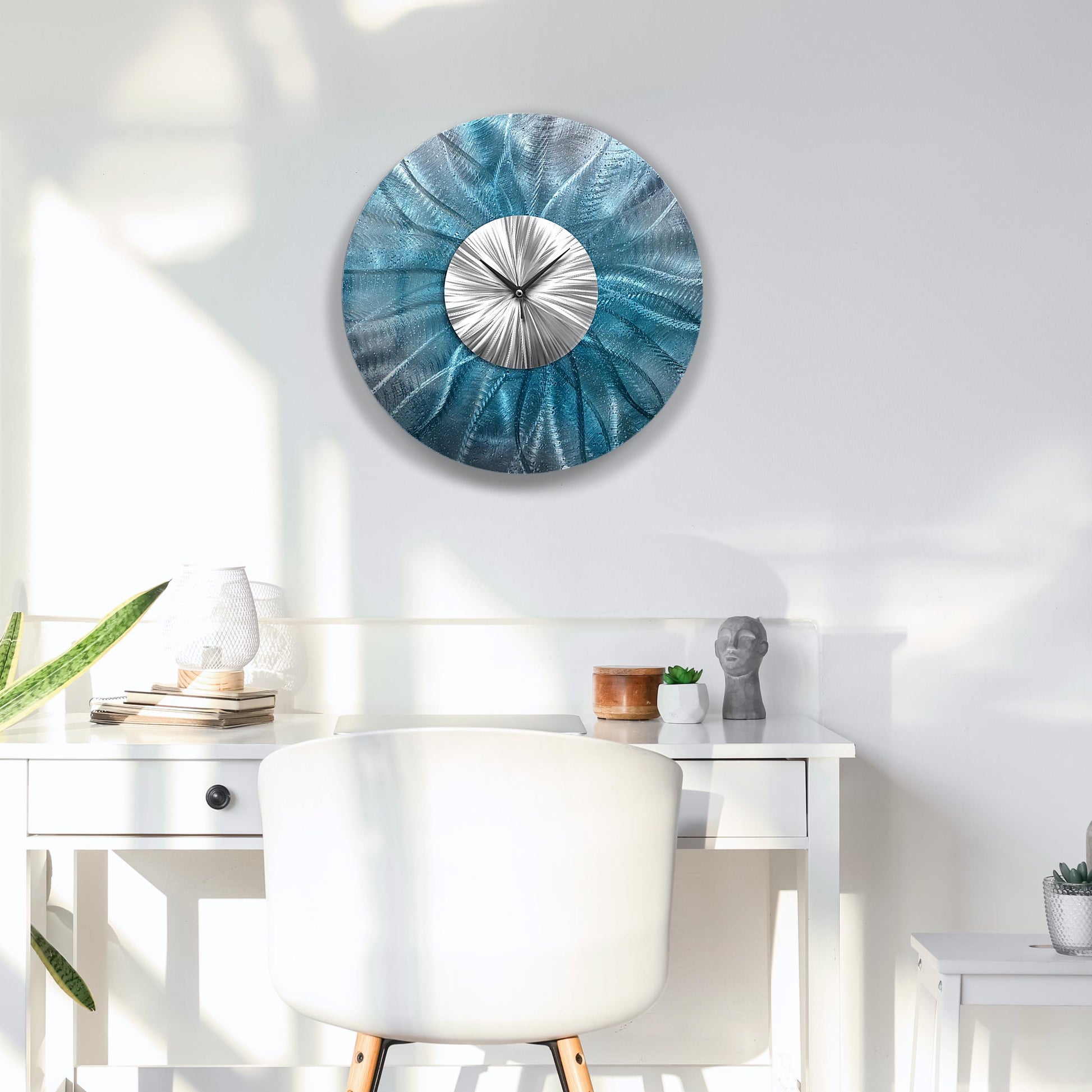 Blue Metal Wall Clock: Unique Abstract Wall Sculpture, 24"
