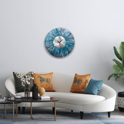 Blue Metal Wall Clock: Unique Abstract Wall Sculpture, 24"