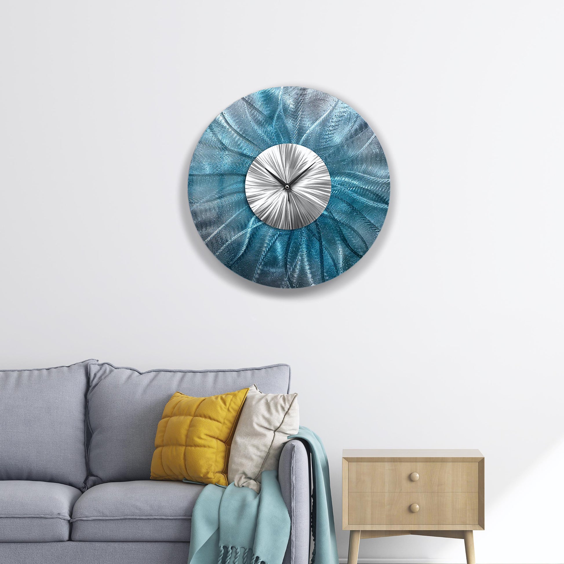 Blue Metal Wall Clock: Unique Abstract Wall Sculpture, 24"
