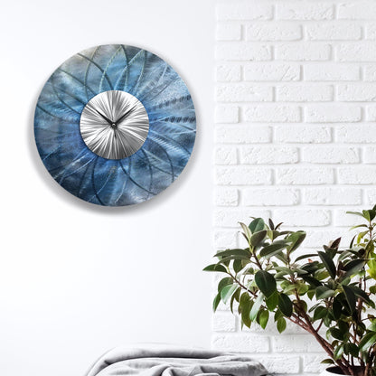 Blue Wall Clock: Unique Abstract Modern Metal Wall Sculpture, 24"