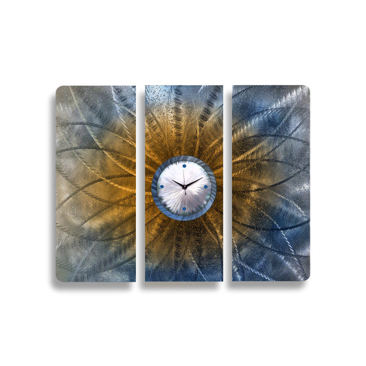 Large Wall Clock Metal Sculpture Set: Infused Crushed Glass Blue and Silver