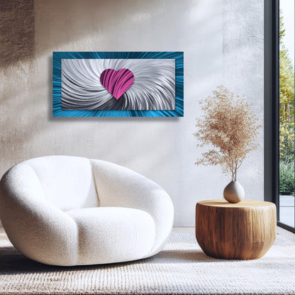 Metal Artwork Heart Contemporary Art, Wall Sculpture, Metallic Blue Pink Art for Modern Decor 100x50cm