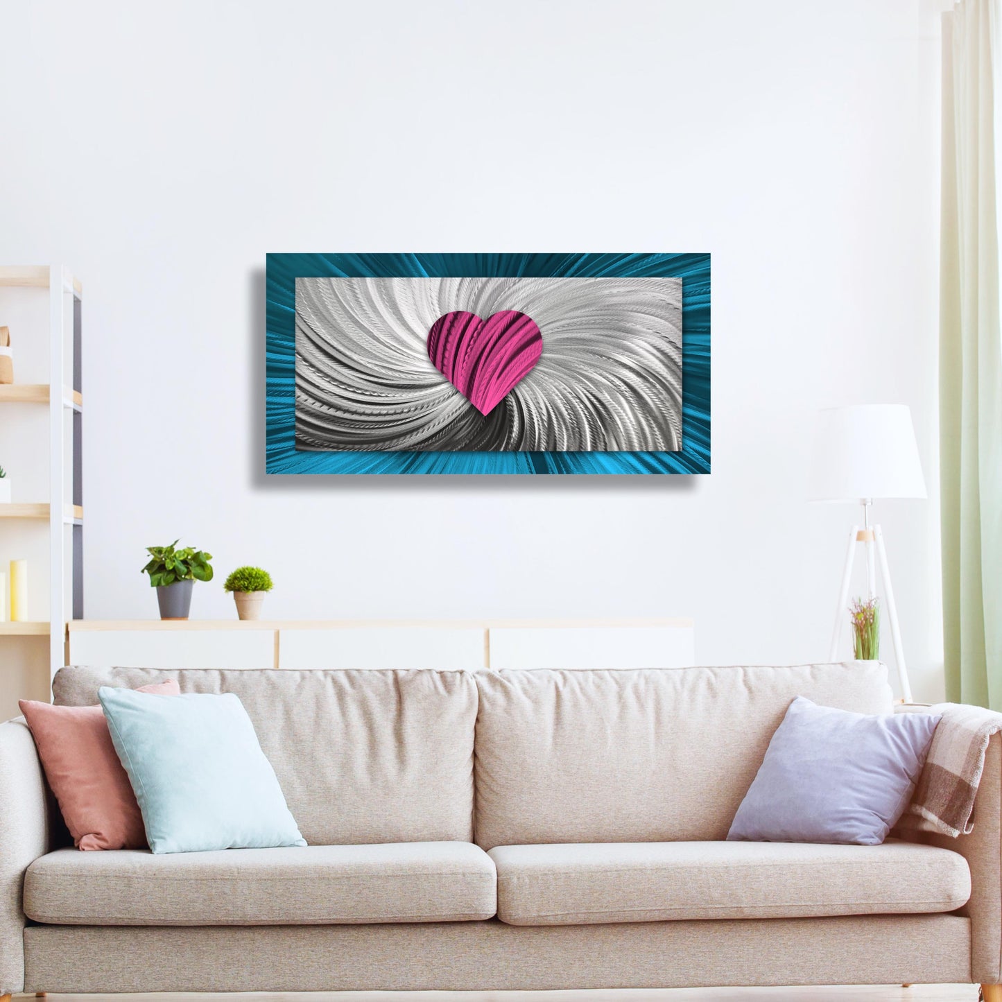 Metal Artwork Heart Contemporary Art, Wall Sculpture, Metallic Blue Pink Art for Modern Decor 100x50cm
