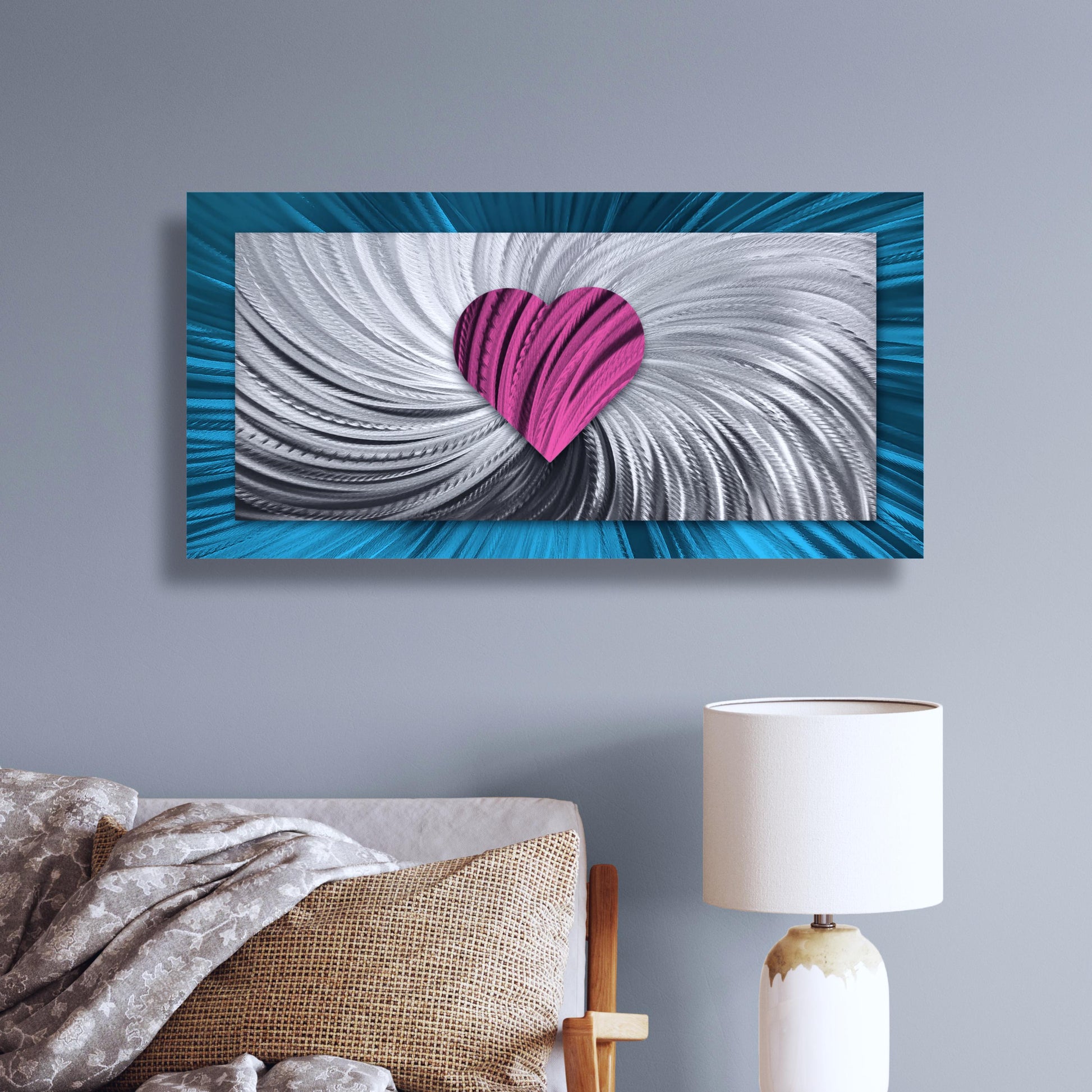 Metal Artwork Heart Contemporary Art, Wall Sculpture, Metallic Blue Pink Art for Modern Decor 100x50cm