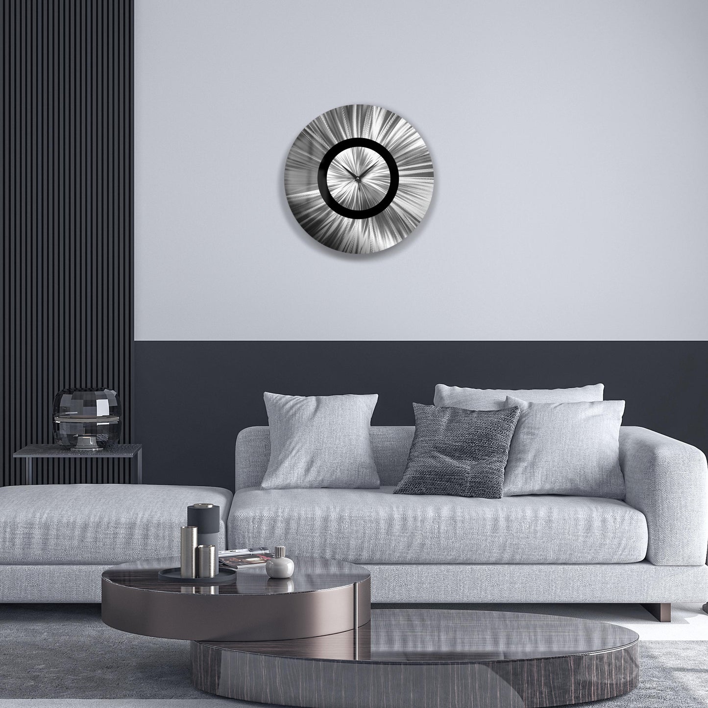 Metal Wall Clock: Abstract Modern Silver Wall Sculpture, 24"