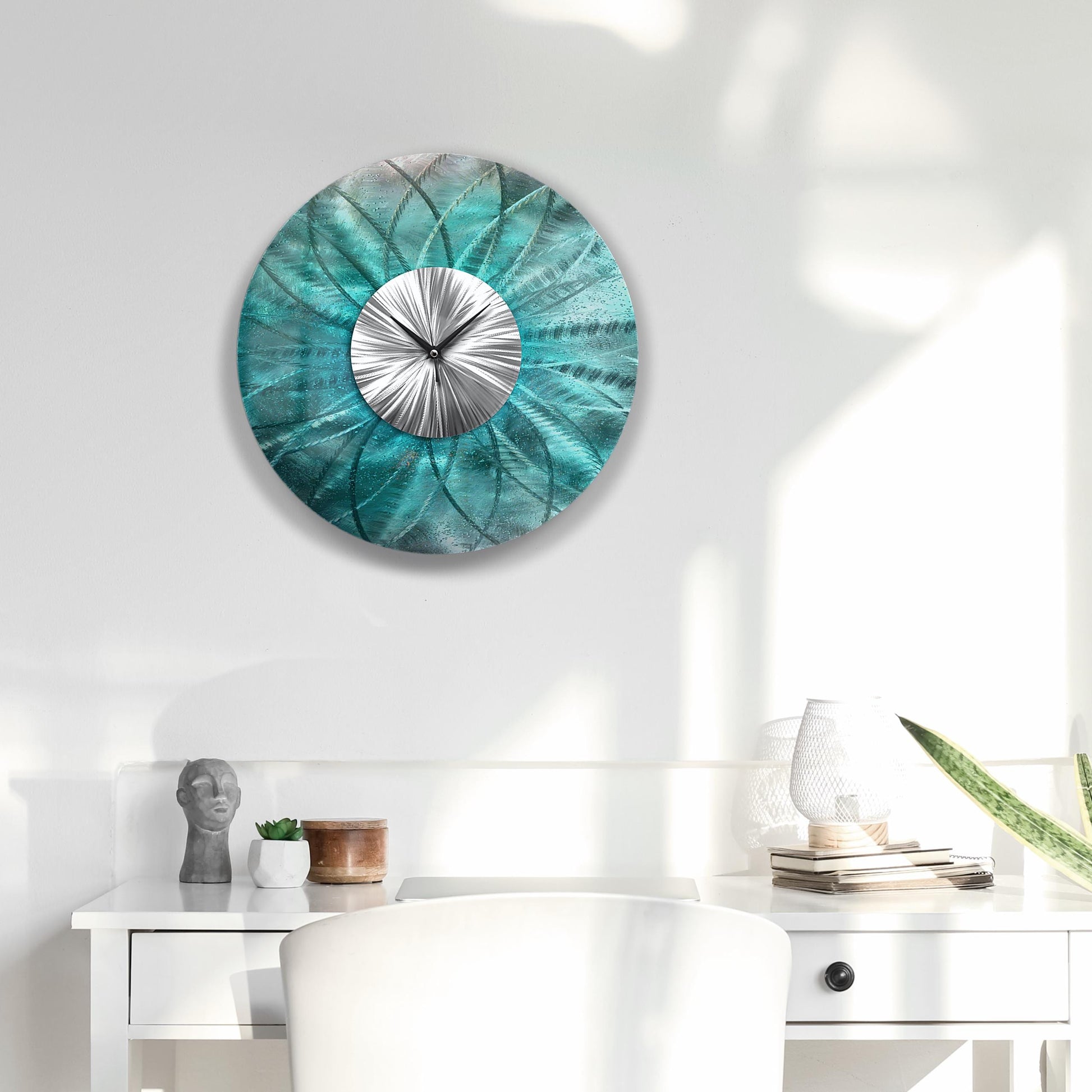 Metal Wall Clock: Unique Abstract Modern Teal Wall Sculpture, 24"
