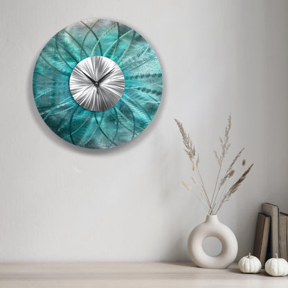 Metal Wall Clock: Unique Abstract Modern Teal Wall Sculpture, 24"