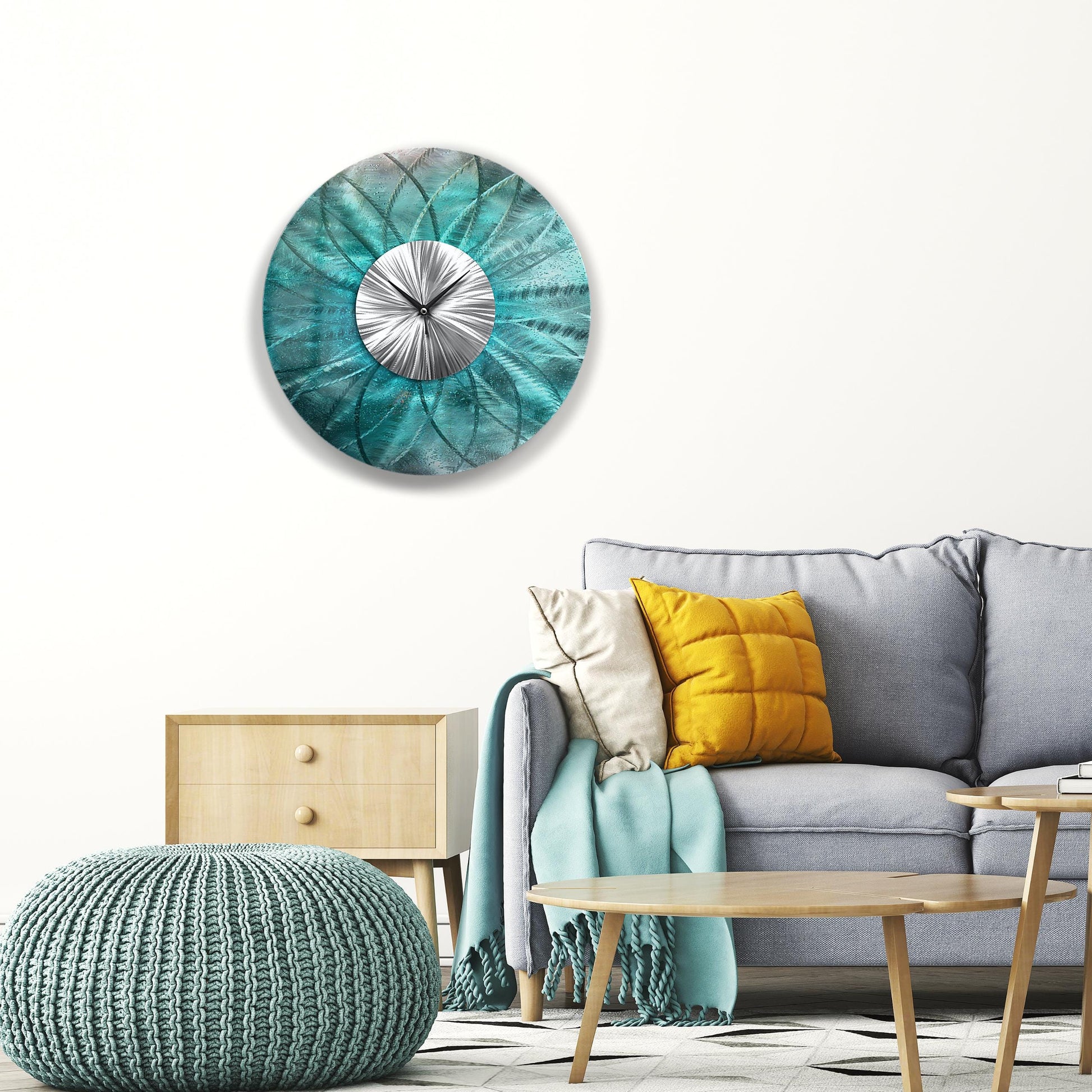 Metal Wall Clock: Unique Abstract Modern Teal Wall Sculpture, 24"