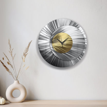 Metal Wall Clock: Unique Large Round Abstract Modern Silver Wall Sculpture