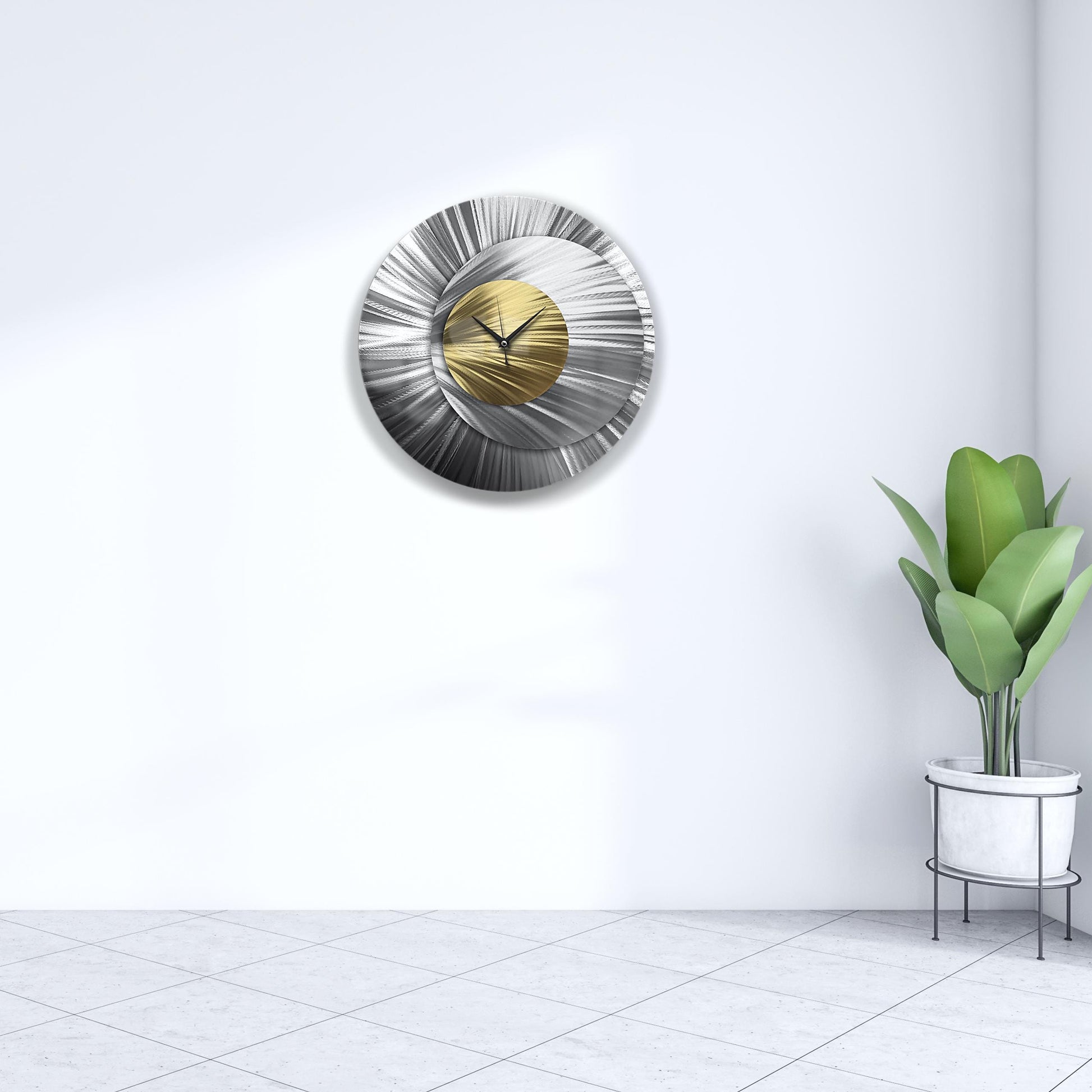 Metal Wall Clock: Unique Large Round Abstract Modern Silver Wall Sculpture