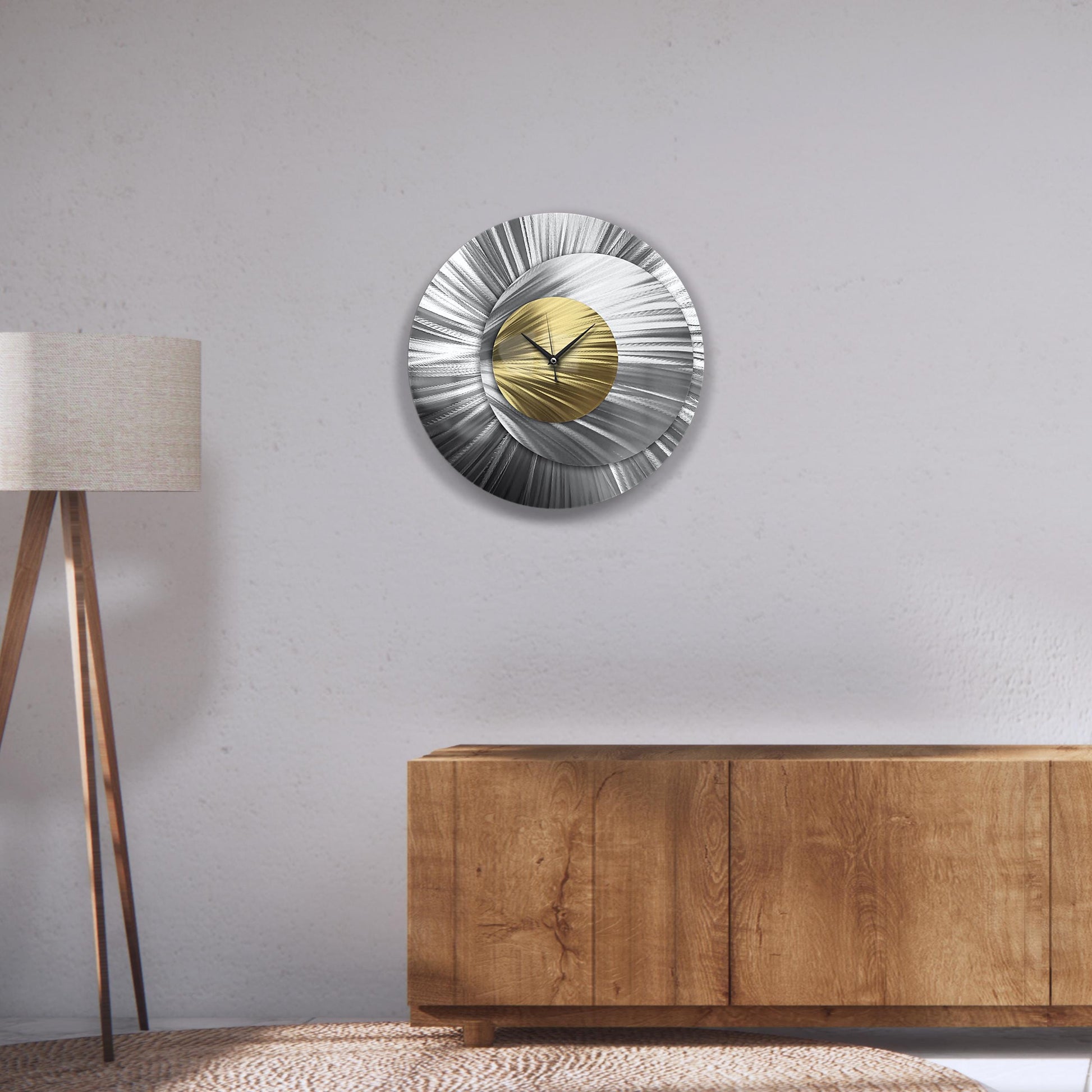 Metal Wall Clock: Unique Large Round Abstract Modern Silver Wall Sculpture