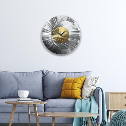 Metal Wall Clock: Unique Large Round Abstract Modern Silver Wall Sculpture