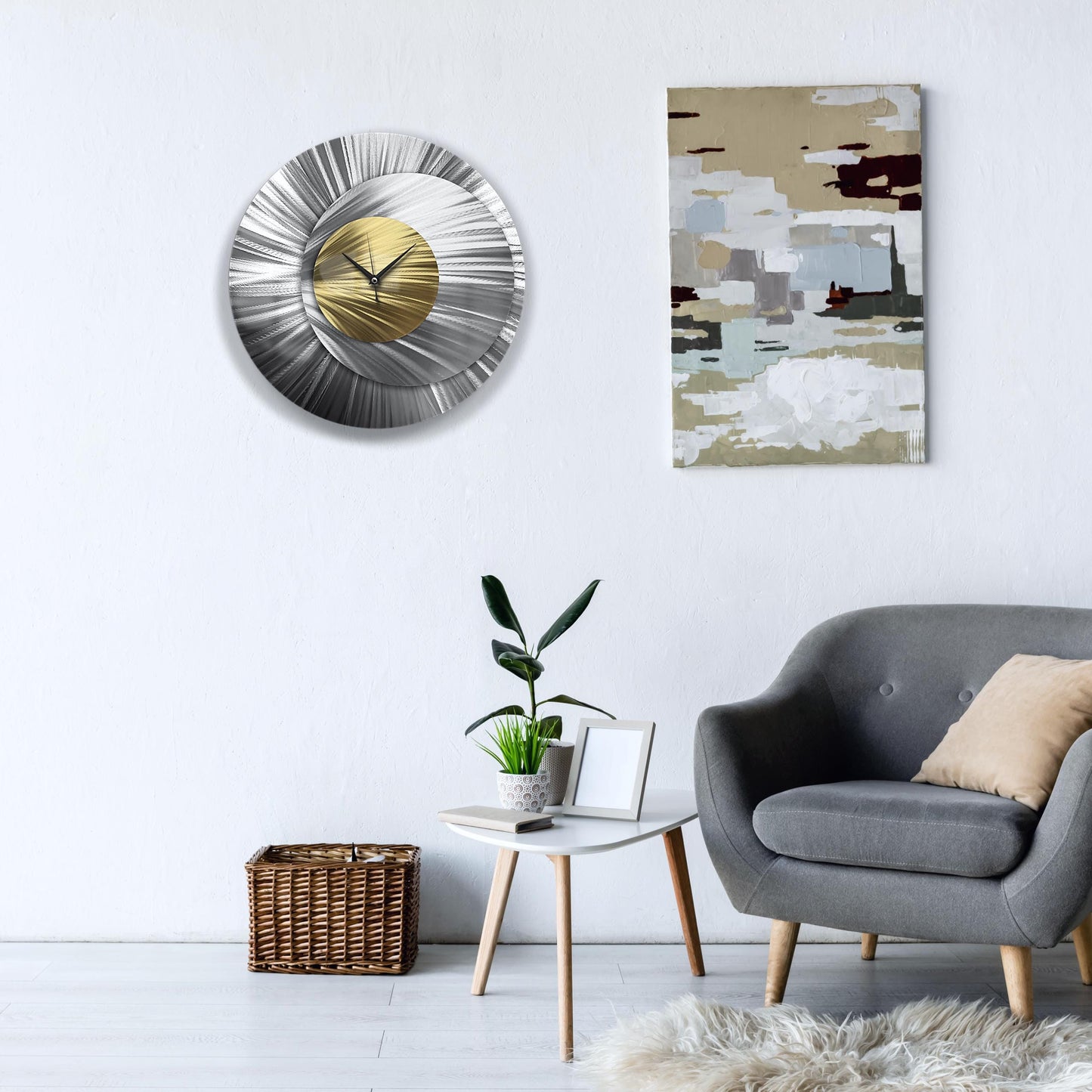 Metal Wall Clock: Unique Large Round Abstract Modern Silver Wall Sculpture