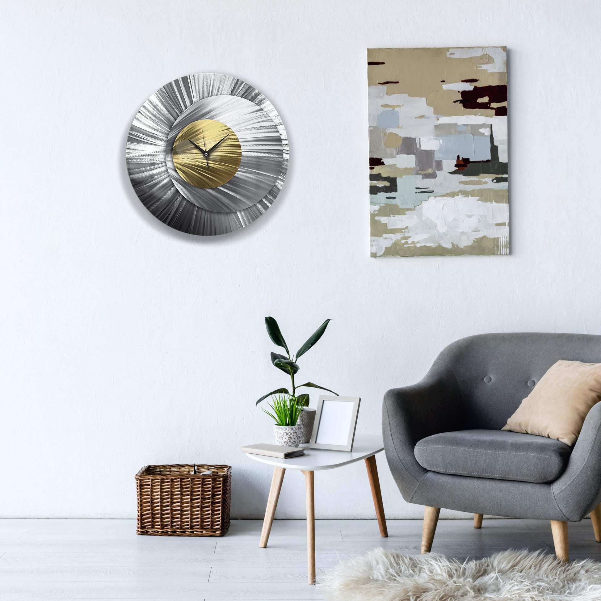 Metal Wall Clock: Unique Large Round Abstract Modern Silver Wall Sculpture