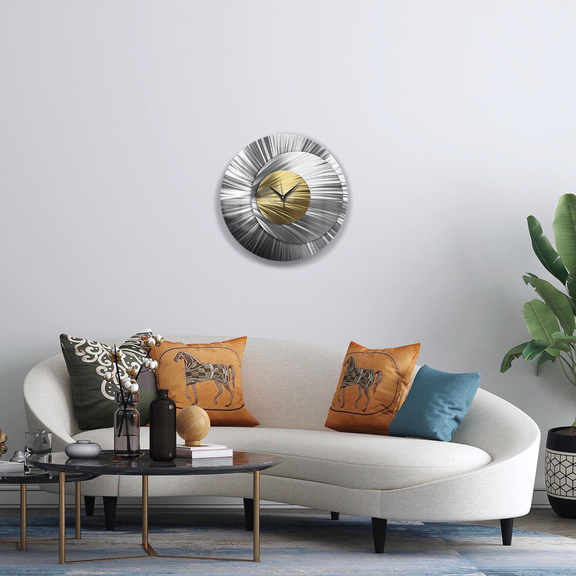 Metal Wall Clock: Unique Large Round Abstract Modern Silver Wall Sculpture