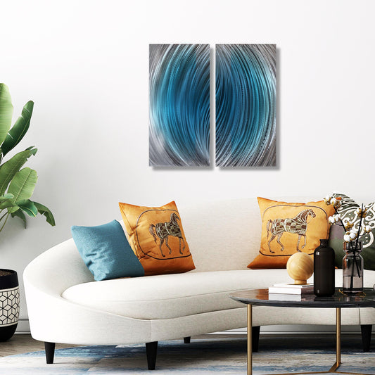 Modern Blue Metal Wall Art: Handcrafted Abstract Wall Sculpture (Set of 2)