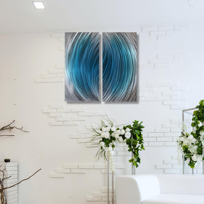 Modern Blue Metal Wall Art: Handcrafted Abstract Wall Sculpture (Set of 2)