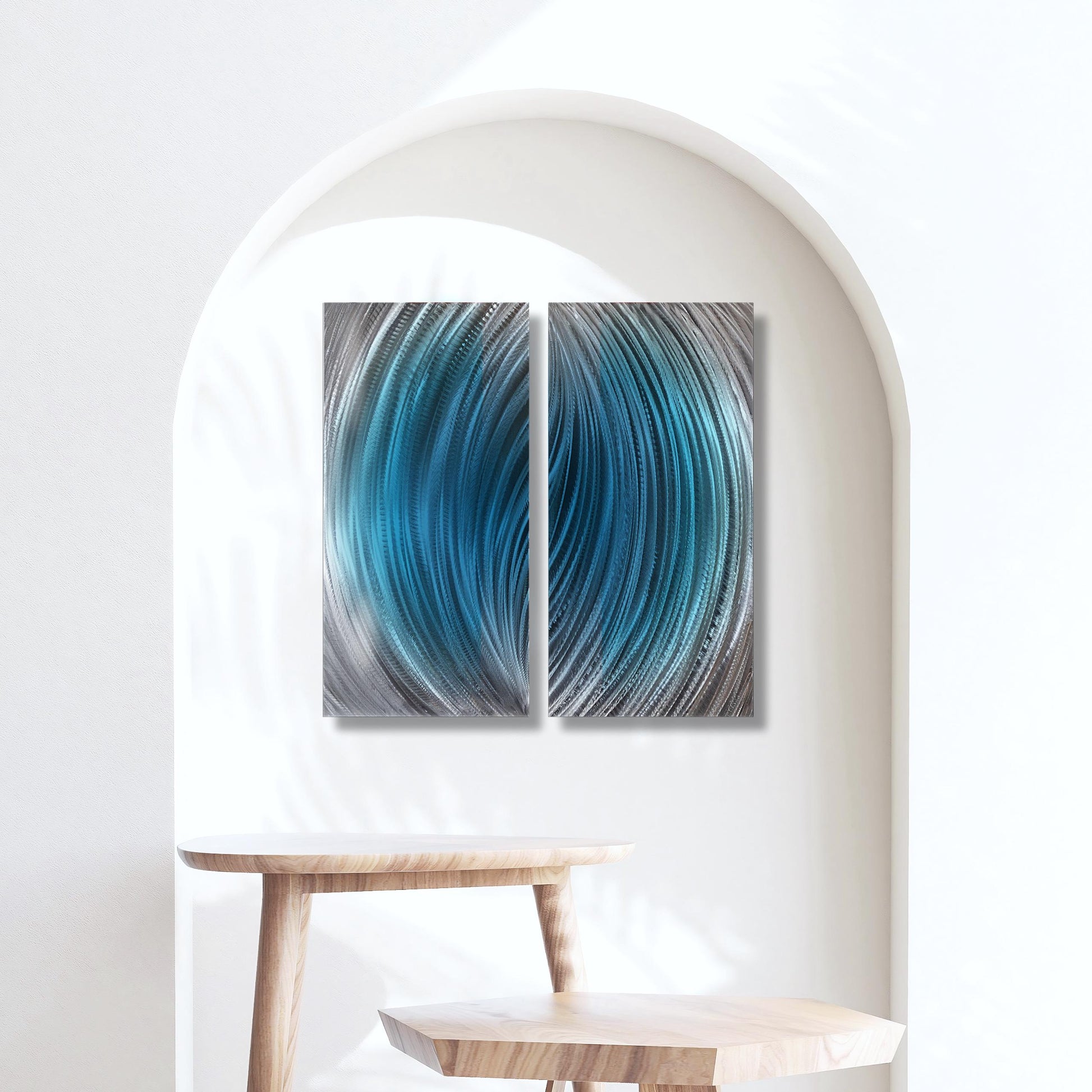 Modern Blue Metal Wall Art: Handcrafted Abstract Wall Sculpture (Set of 2)