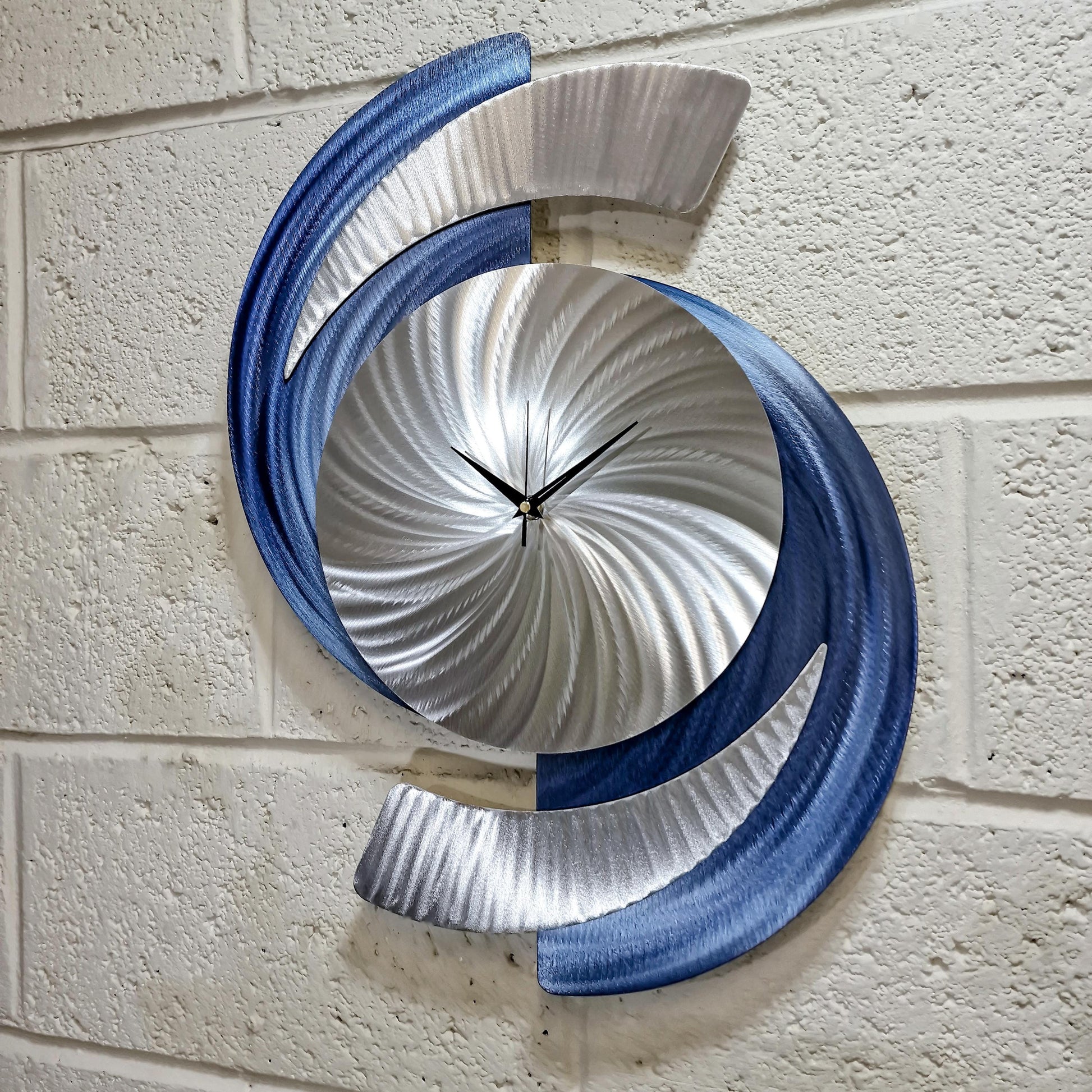 Navy Blue Clock: Abstract Modern Silver Metal Sculpture, 18x24"