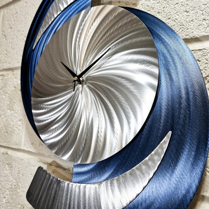 Navy Blue Clock: Abstract Modern Silver Metal Sculpture, 18x24"