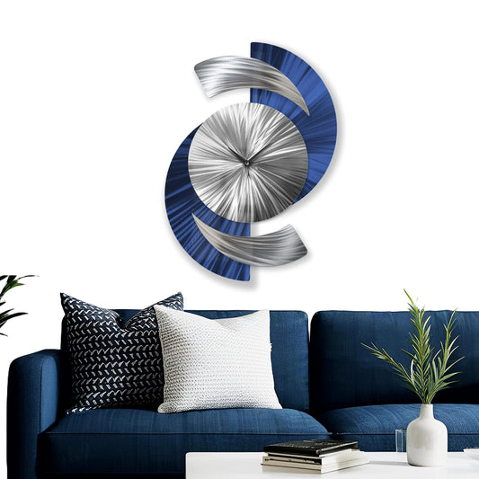 Navy Blue Metal Wall Clock – Modern Silver Wall Art for Home & Office 18x24"