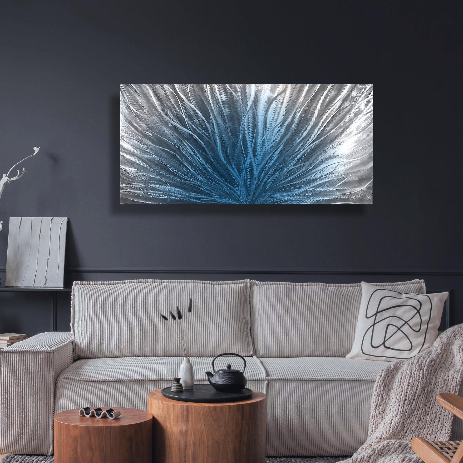 Navy Blue Silver Metal Wall Art: Abstract Wall Sculpture, Blue Modern Home Decor