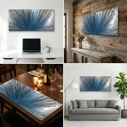Navy Blue Silver Metal Wall Art: Abstract Wall Sculpture, Blue Modern Home Decor