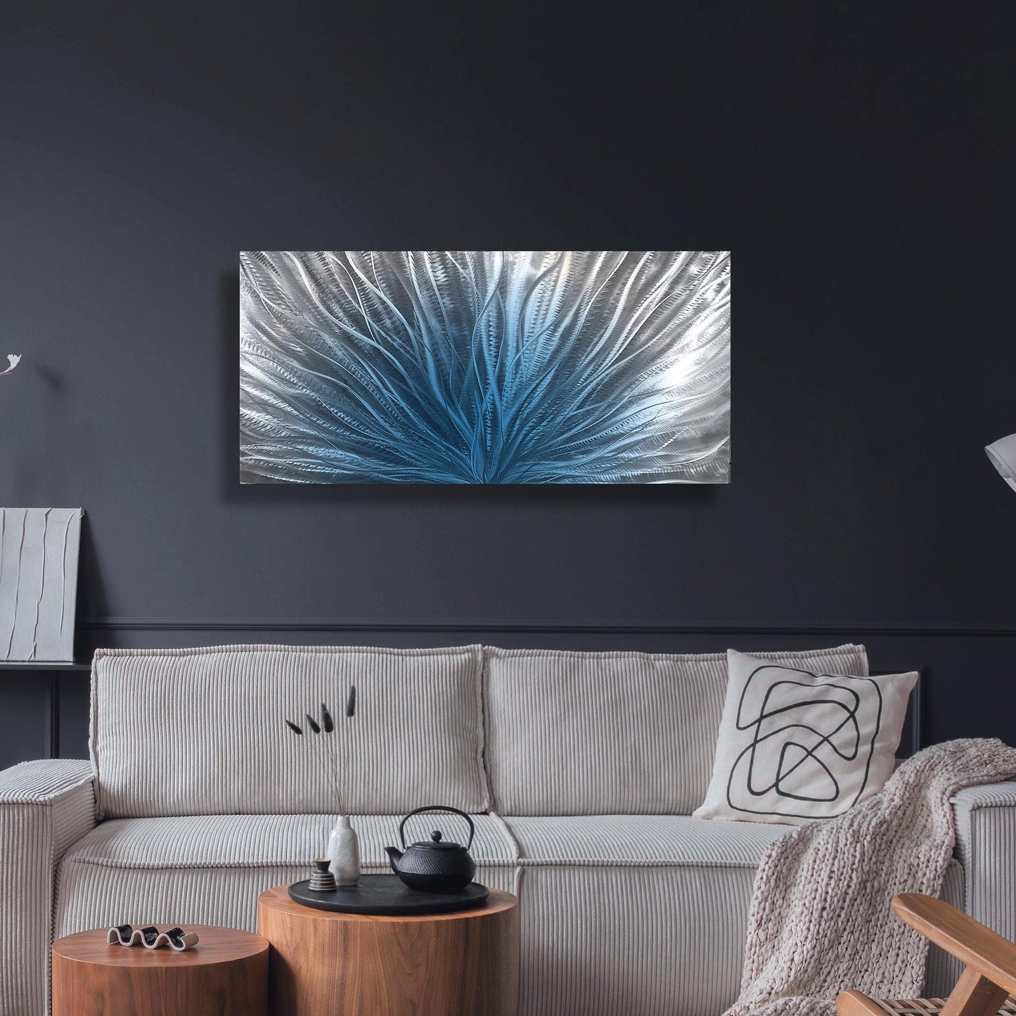 Navy Blue Silver Metal Wall Art: Abstract Wall Sculpture, Blue Modern Home Decor