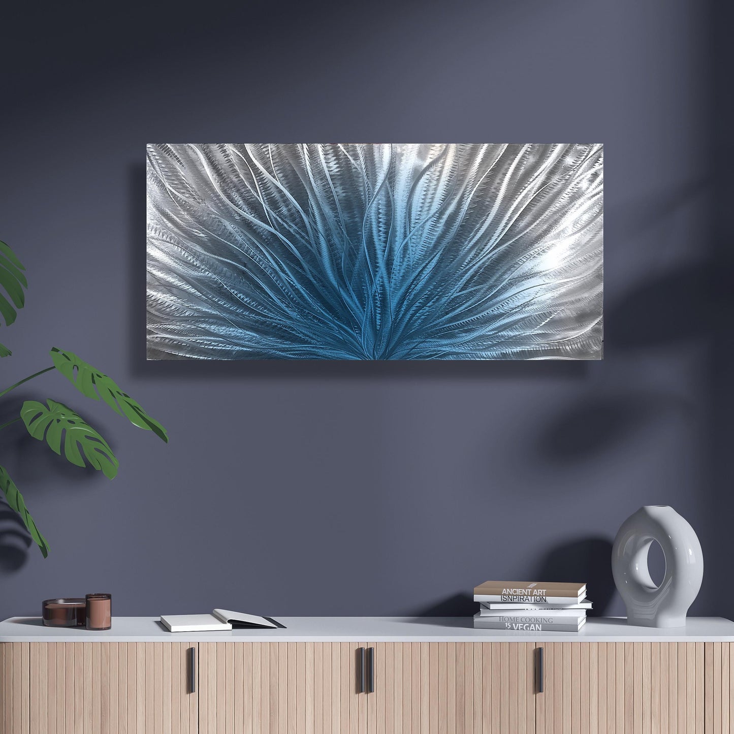 Navy Blue Silver Metal Wall Art: Abstract Wall Sculpture, Blue Modern Home Decor