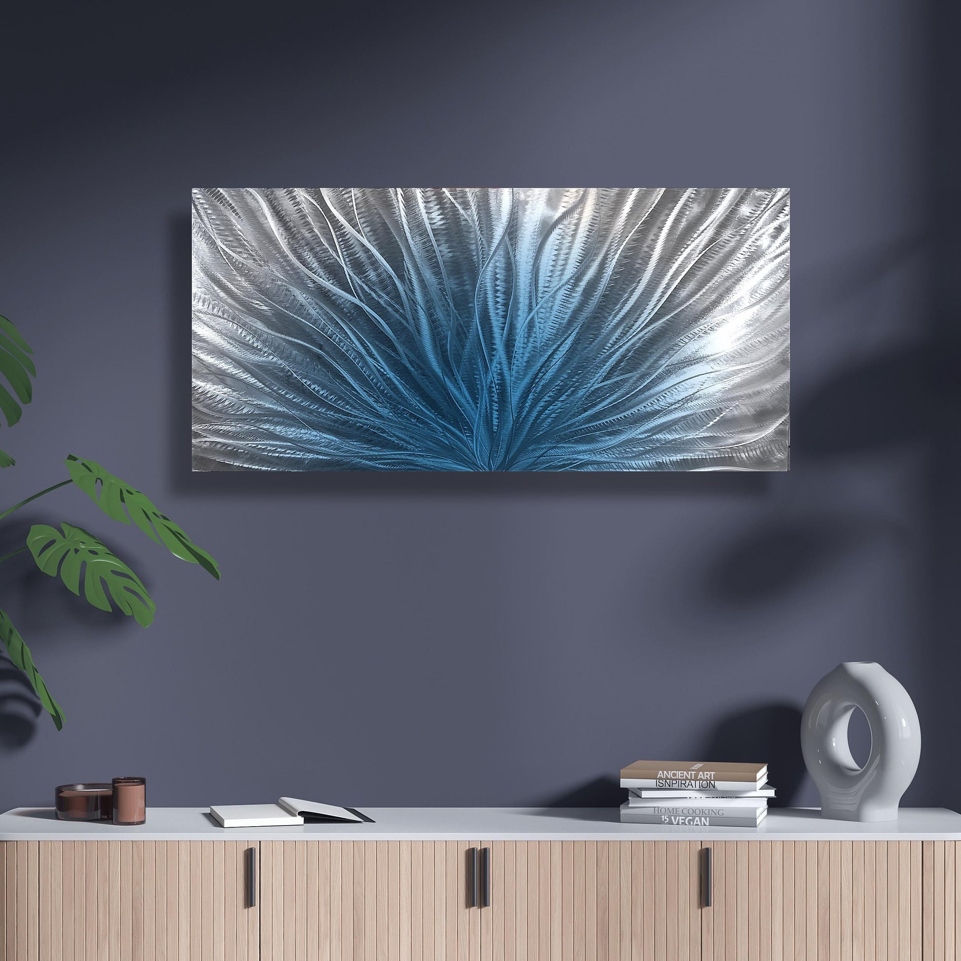 Navy Blue Silver Metal Wall Art: Abstract Wall Sculpture, Blue Modern Home Decor