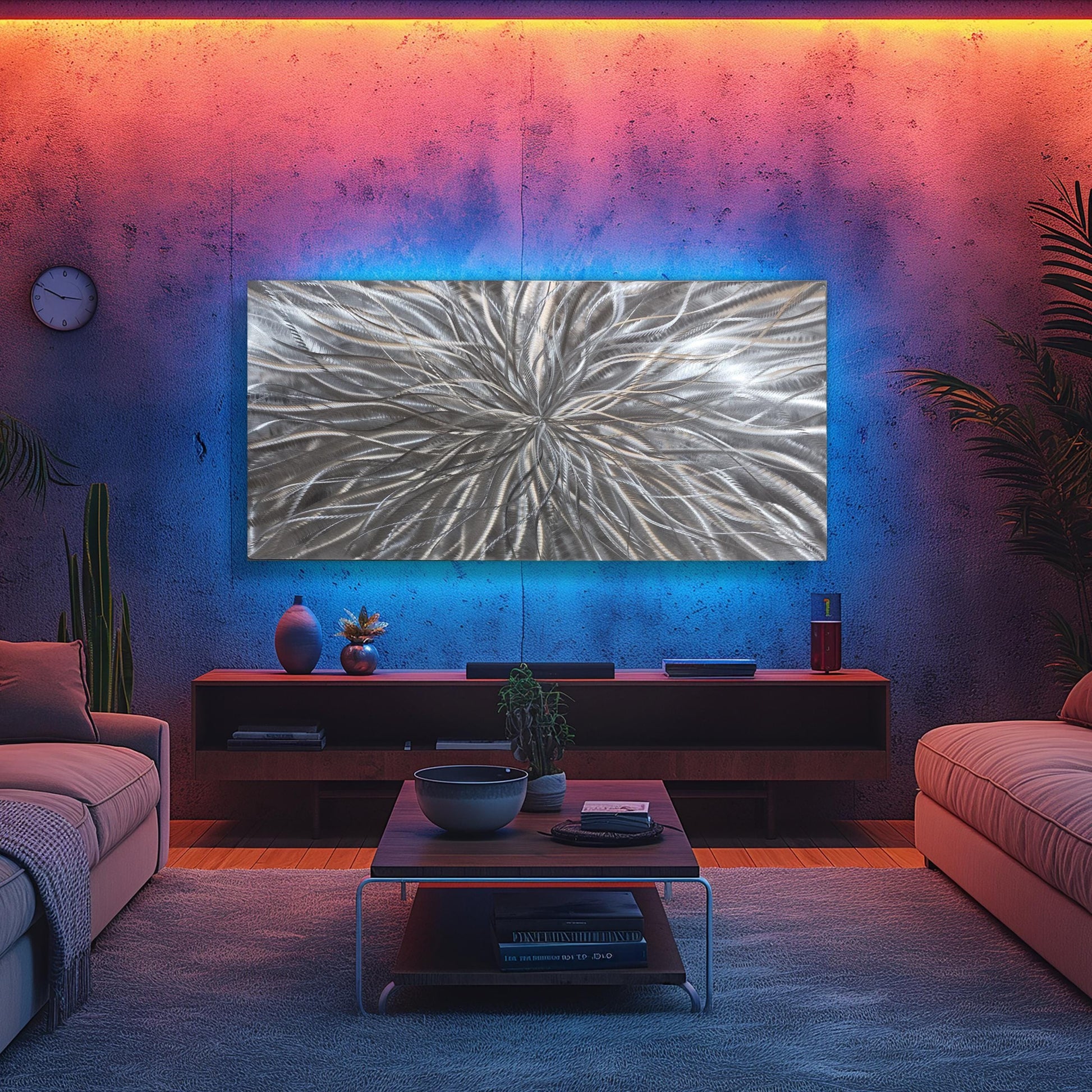 RGB LED Metal Wall Sculpture: Infused Crushed Glass Modern Art, 32x16"