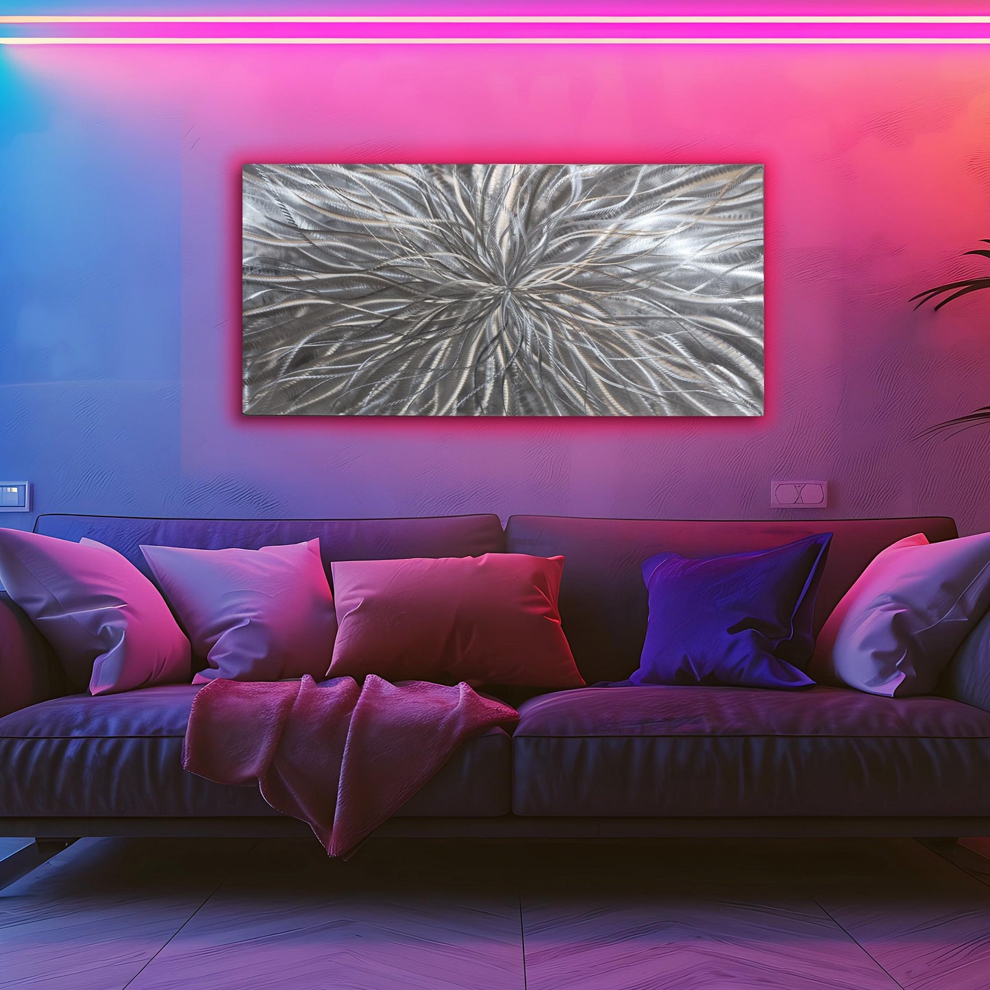 RGB LED Metal Wall Sculpture: Infused Crushed Glass Modern Art, 32x16"