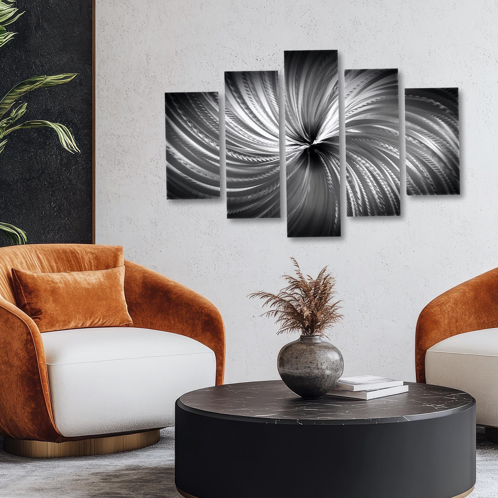 Silver Metal Wall Art Set: Crushed Glass Abstract Sculpture