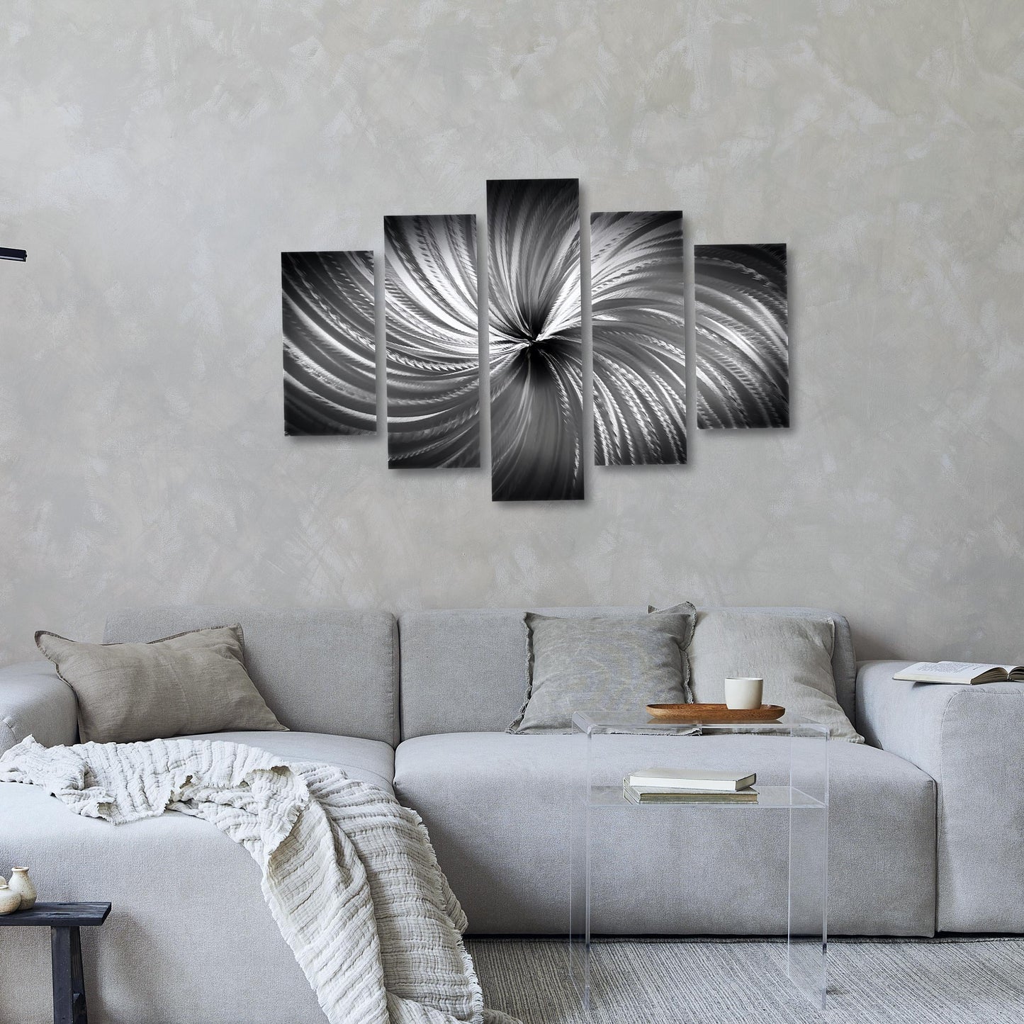 Silver Metal Wall Art Set: Crushed Glass Abstract Sculpture