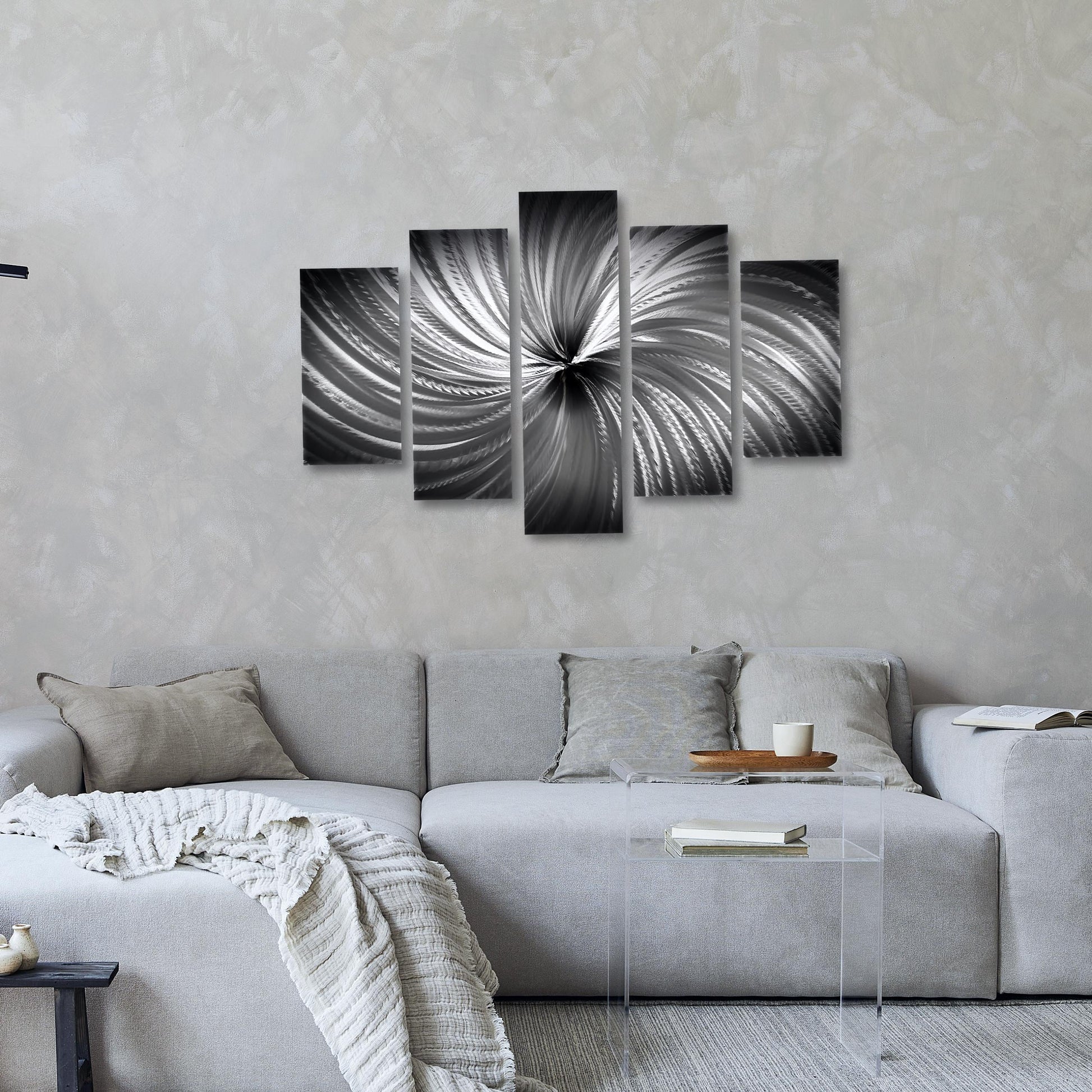 Silver Metal Wall Art Set: Crushed Glass Abstract Sculpture