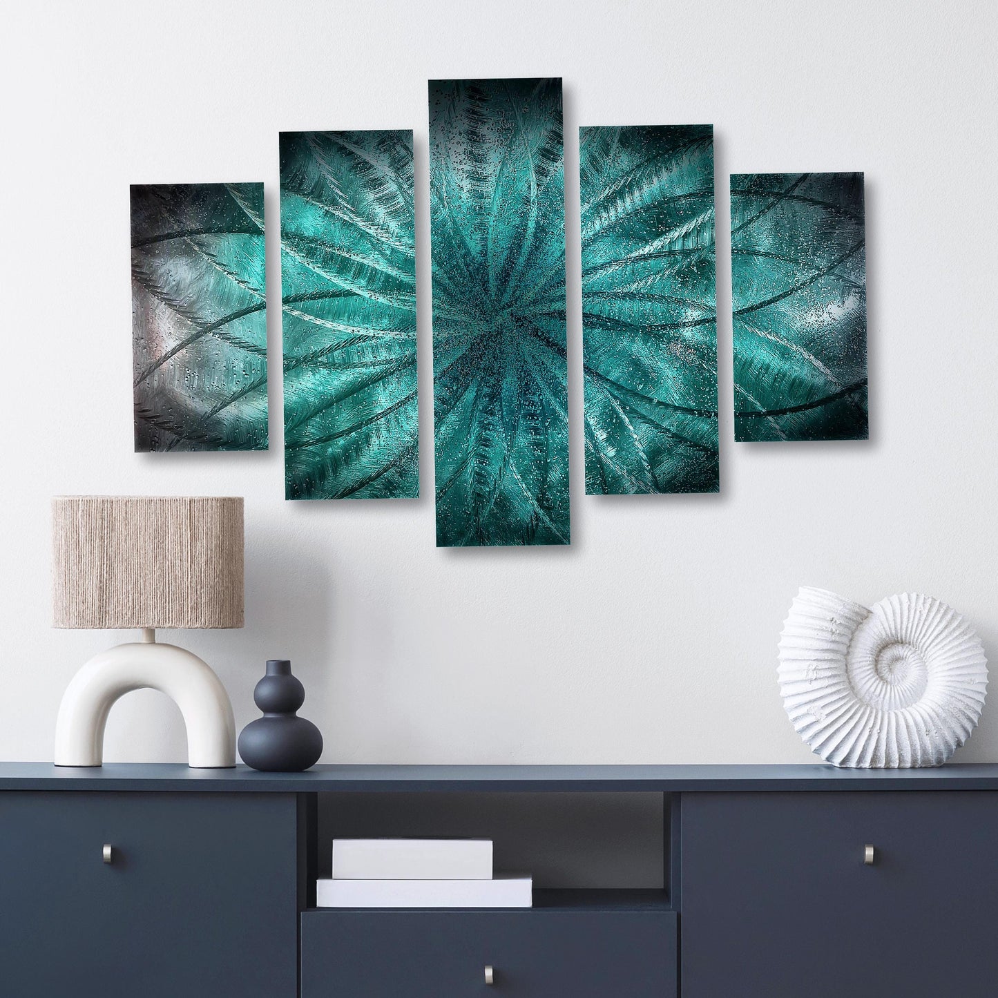Teal Metal Wall Art Set: Crushed Glass Abstract Sculpture, Modern Home Decor
