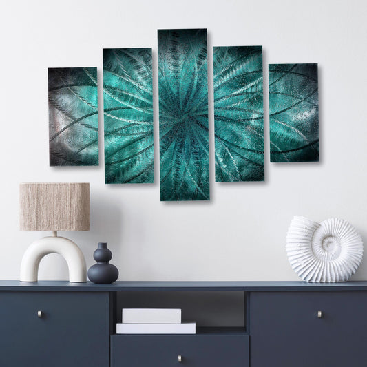 Teal Metal Wall Art Set: Crushed Glass Abstract Sculpture, Modern Home Decor