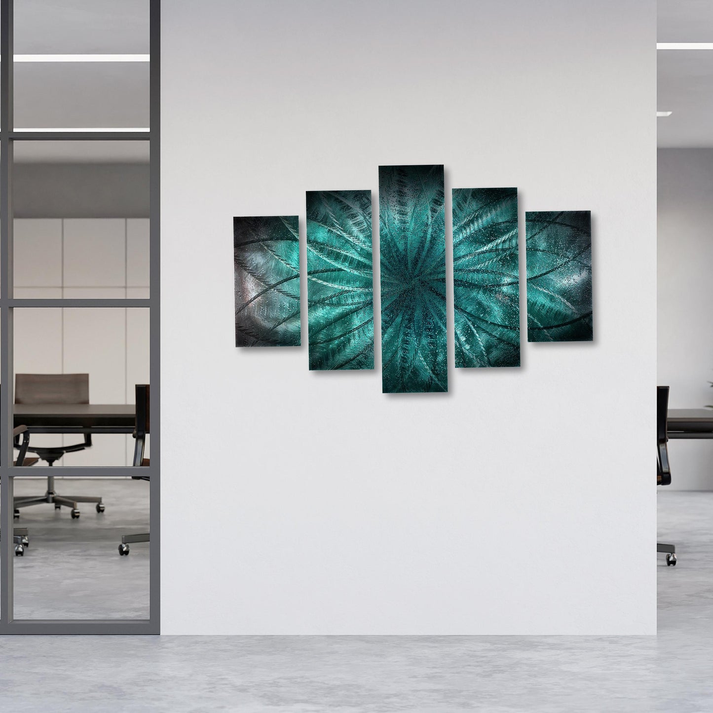Teal Metal Wall Art Set: Crushed Glass Abstract Sculpture, Modern Home Decor