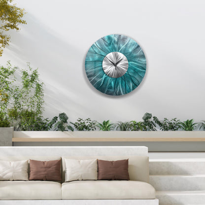 Teal Metal Wall Clock: Unique Abstract Wall Sculpture, 24"