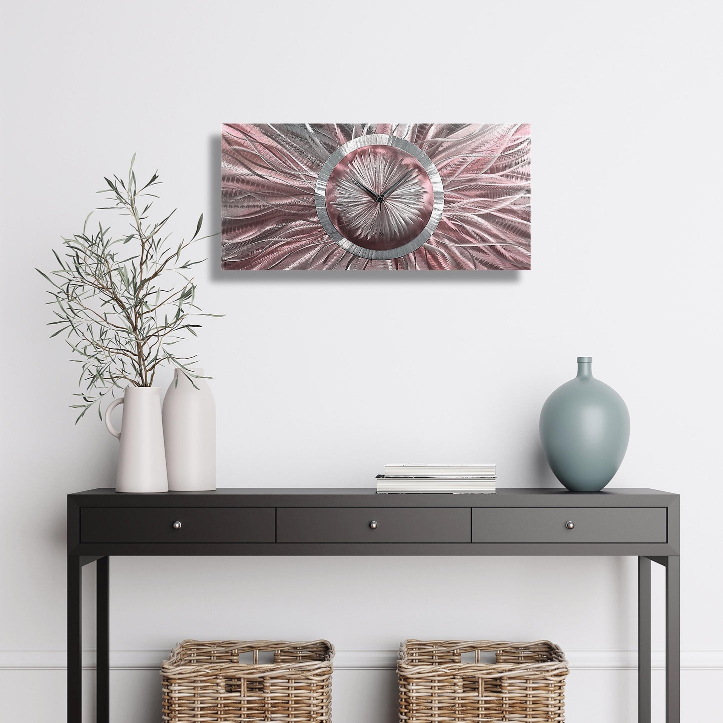 Unique Wall Clock in Rose Gold & Silver Metal Art, Modern Wall Sculpture for Home Decor