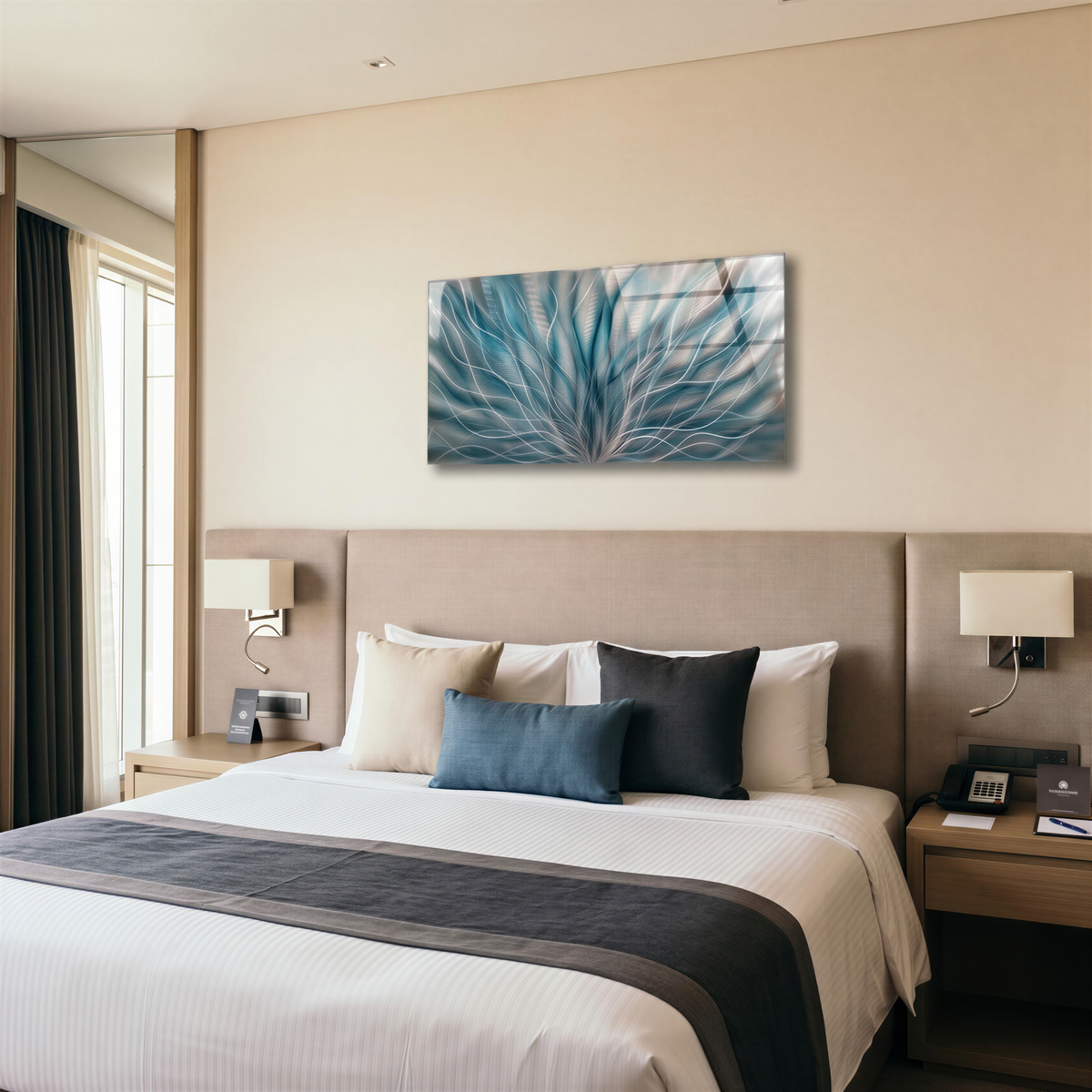 a bedroom with a large bed and a painting on the wall