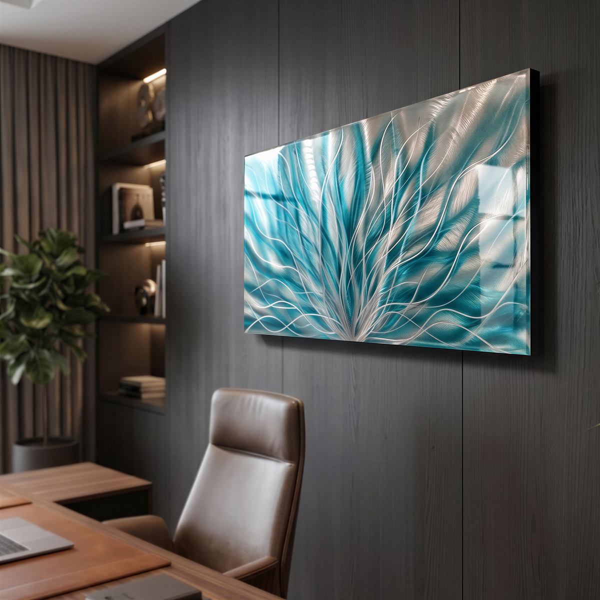 a painting hanging on a wall next to a chair