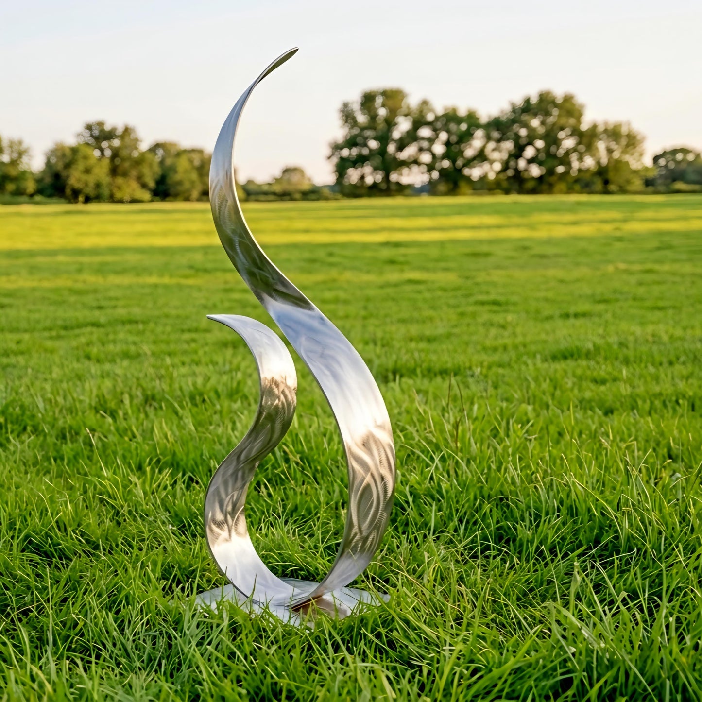 A large, metallic sculpture resembling a flame stands in a grassy field, with trees visible in the background.