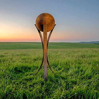 A large, round metal sculpture stands in a grassy field, with a clear blue sky and a warm sunset in the background.