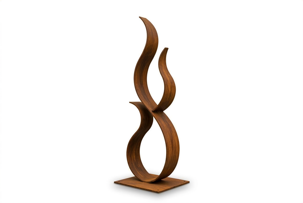 a sculpture of a stylized flame or fire, made of a dark brown material, likely metal, mounted on a square base.