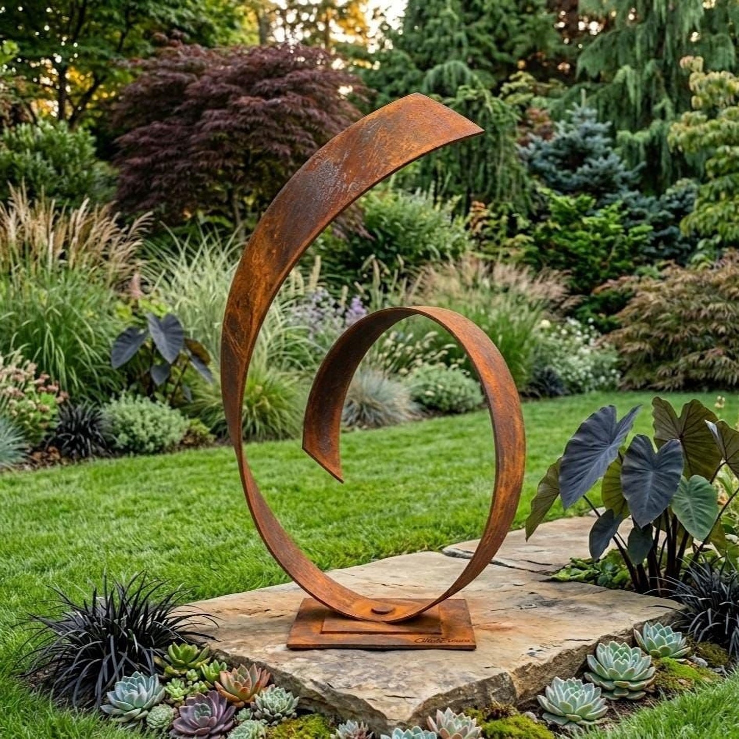 A large, rusted metal sculpture resembling a spiral or wave stands in a lush, green garden surrounded by various plants and flowers.