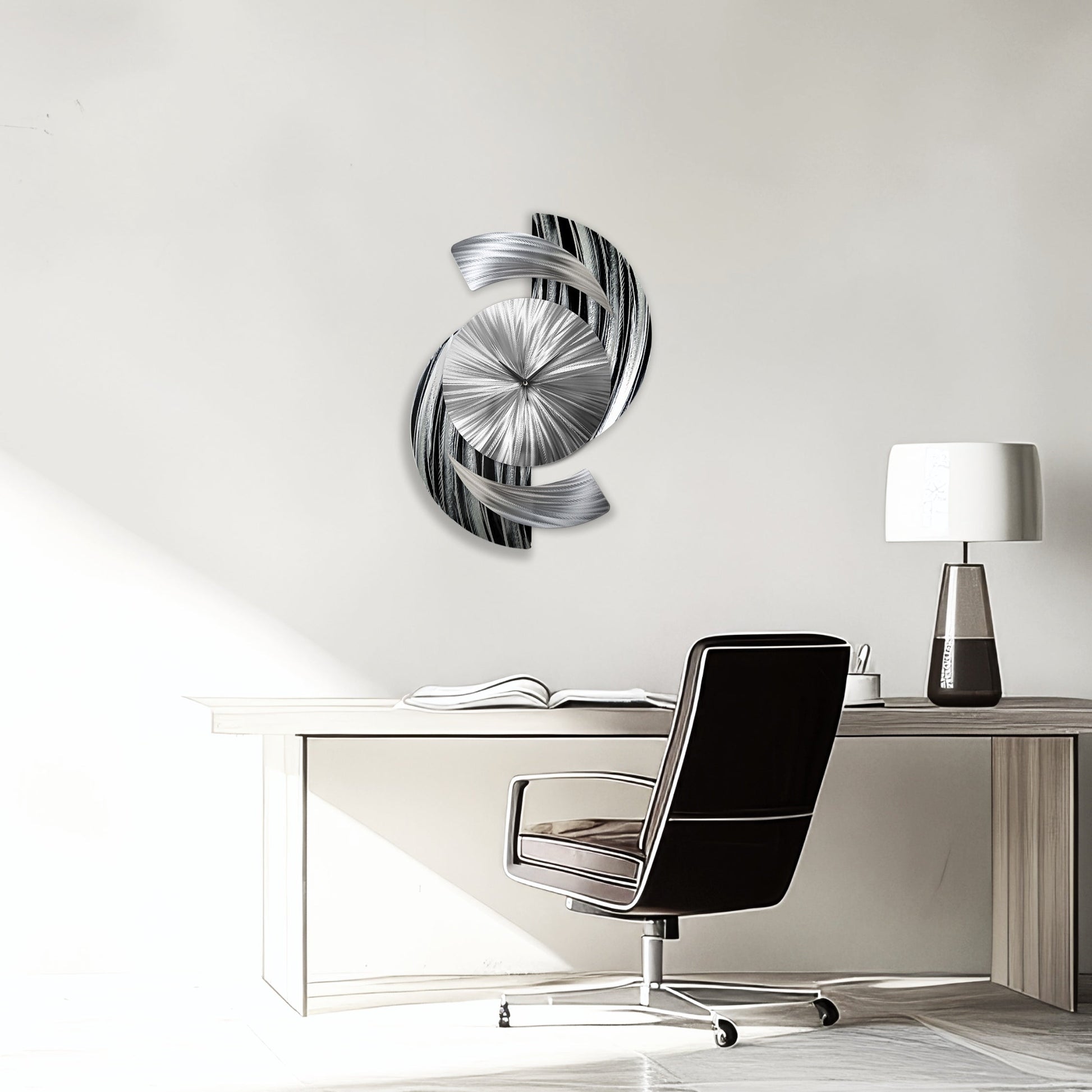 Abstract Black & Silver Metal Wall Clock Titled Elliptical - Modern Elements Metal Art - ME9627998